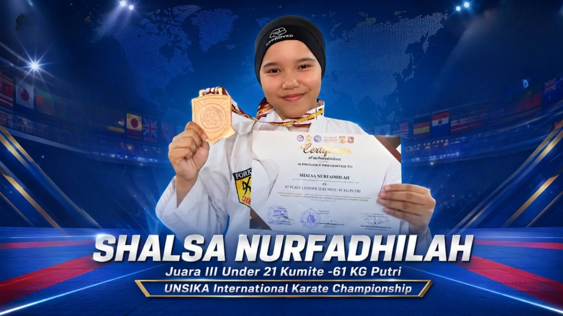 Mahasiswa Politeknik Bina Global Meraih Juara III Under 21 Kumite -61 Kg Putri UNSIKA International Karate Championship